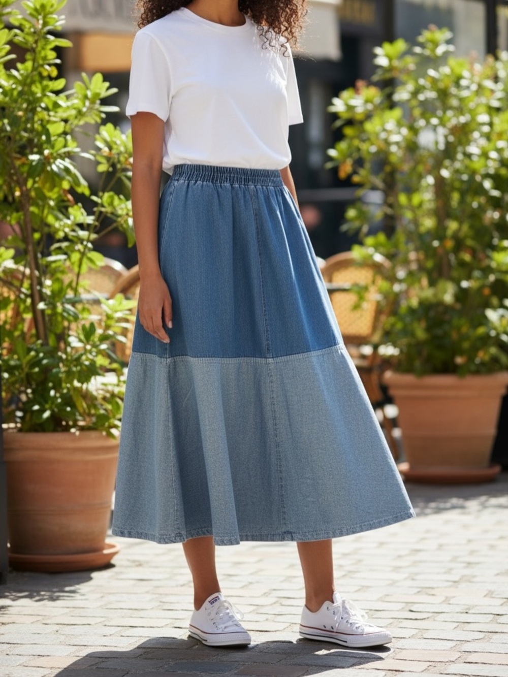 Two-Tone Denim Midi Skirt Cottagecore Boho Small